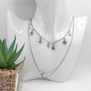Boho Festival Celestial Layered Silver Tone Necklace Minimalist